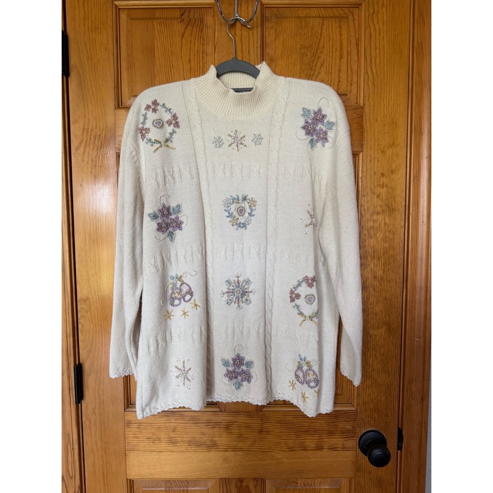 Koret Vintage Sweater Women's XL Cream Beaded Embroidered Mock Neck 116N765